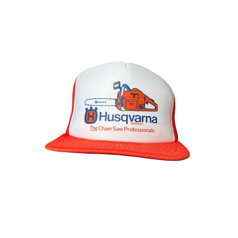 Vintage Husqvarna Hat Cap Snap Back Orange White Trucker Chainsaw Sweden Logging
